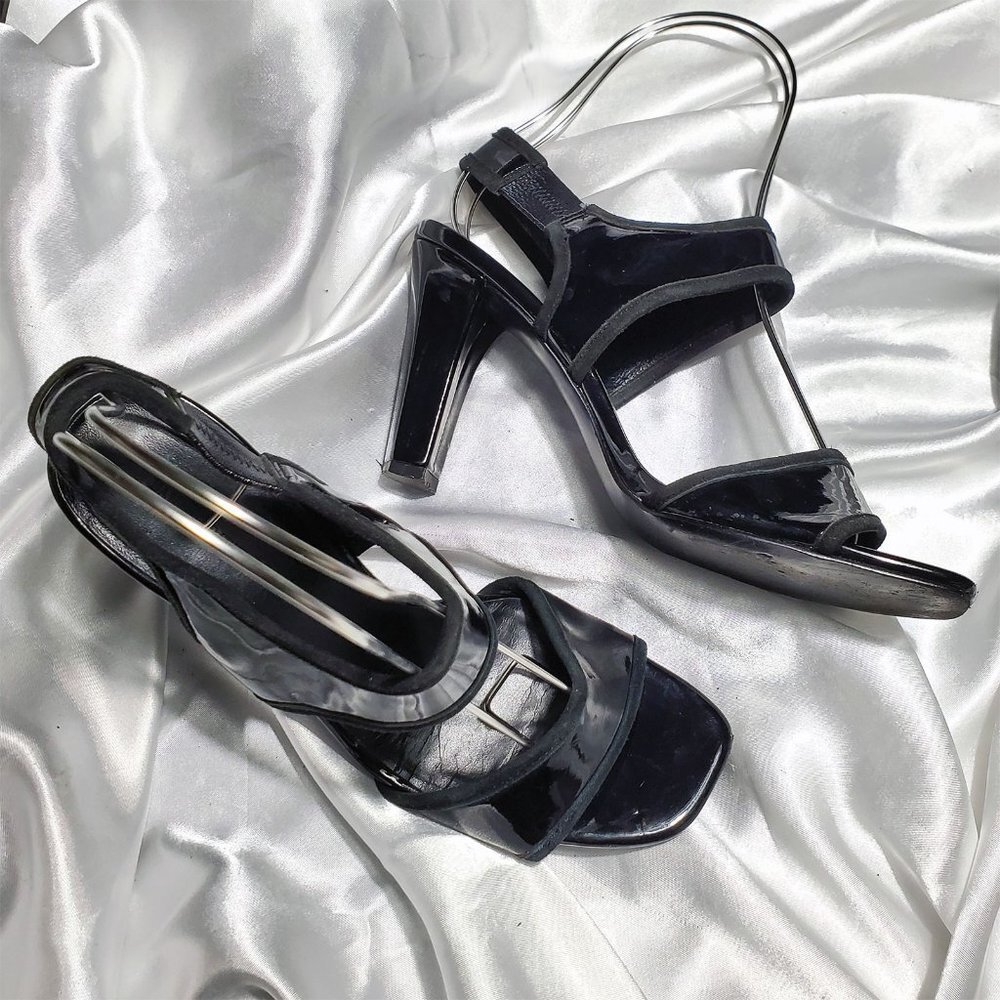 BANANA REPUBLIC black patent suede strappy high heel sandals SZ 7.5
